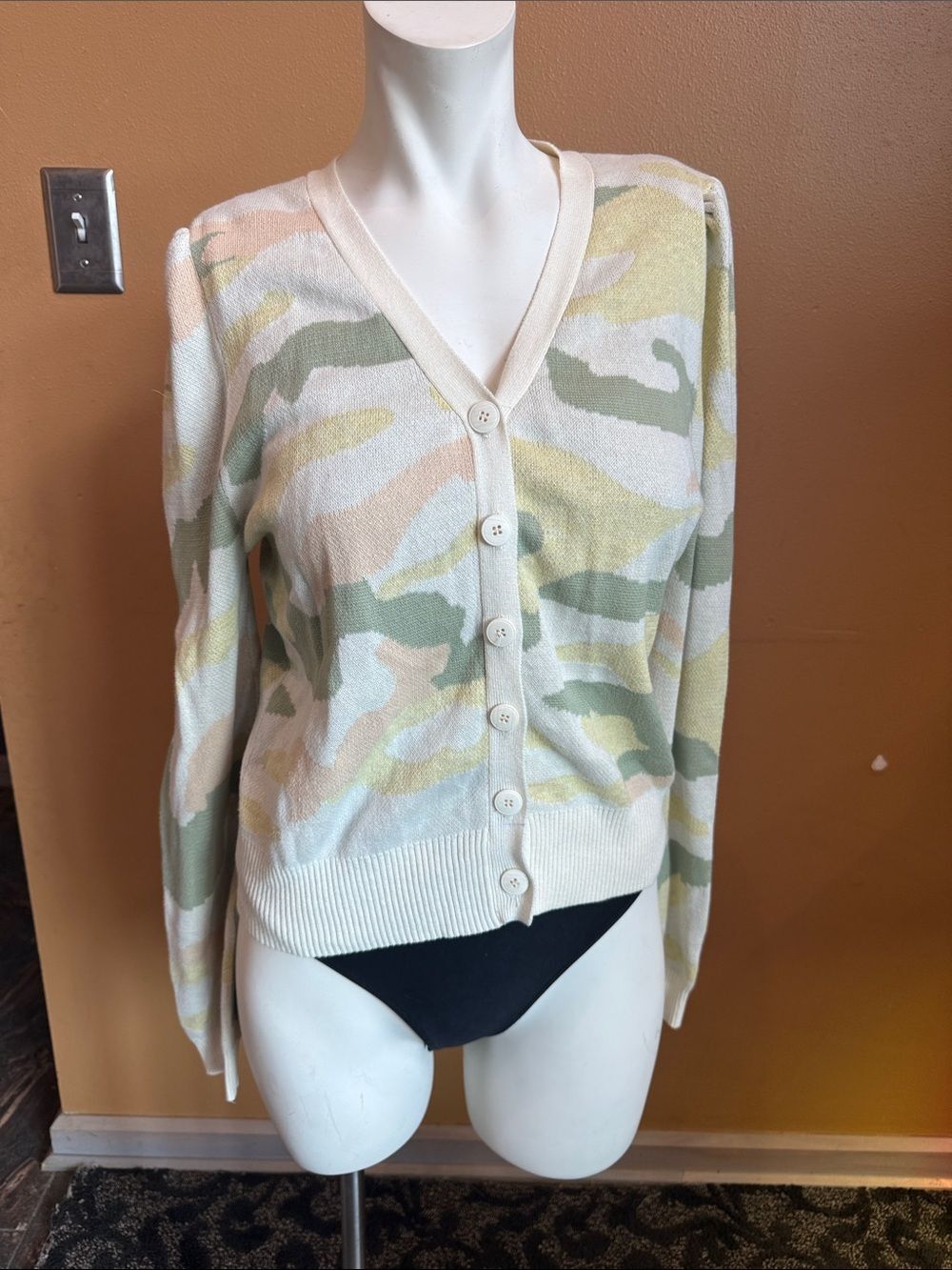 Fate V-Neck Button Front Camouflage Knit Cardigan - Cream & Sage Size L